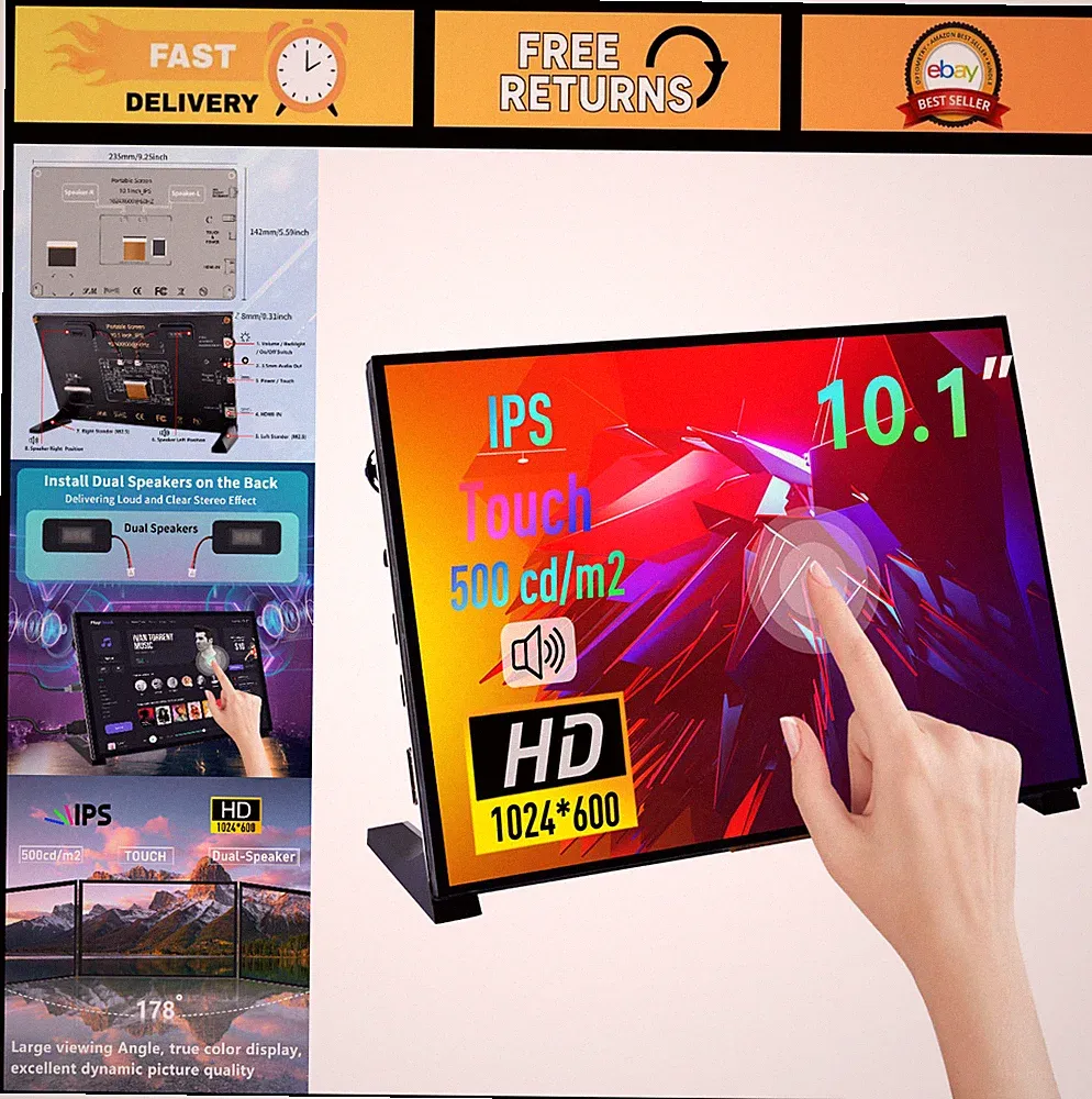 10.1" Capacitive Touchscreen Monitor, 1024x600 IPS, HDMI Portable Display for Ra
