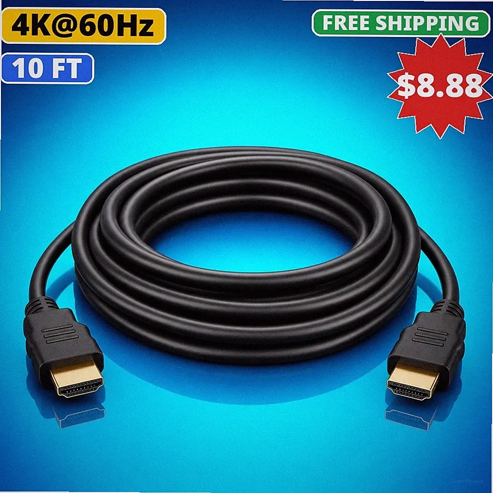 10FT HDMI Cable 4K 60Hz High Speed for Gaming PC Monitor PS5 Xbox HDTV Laptop