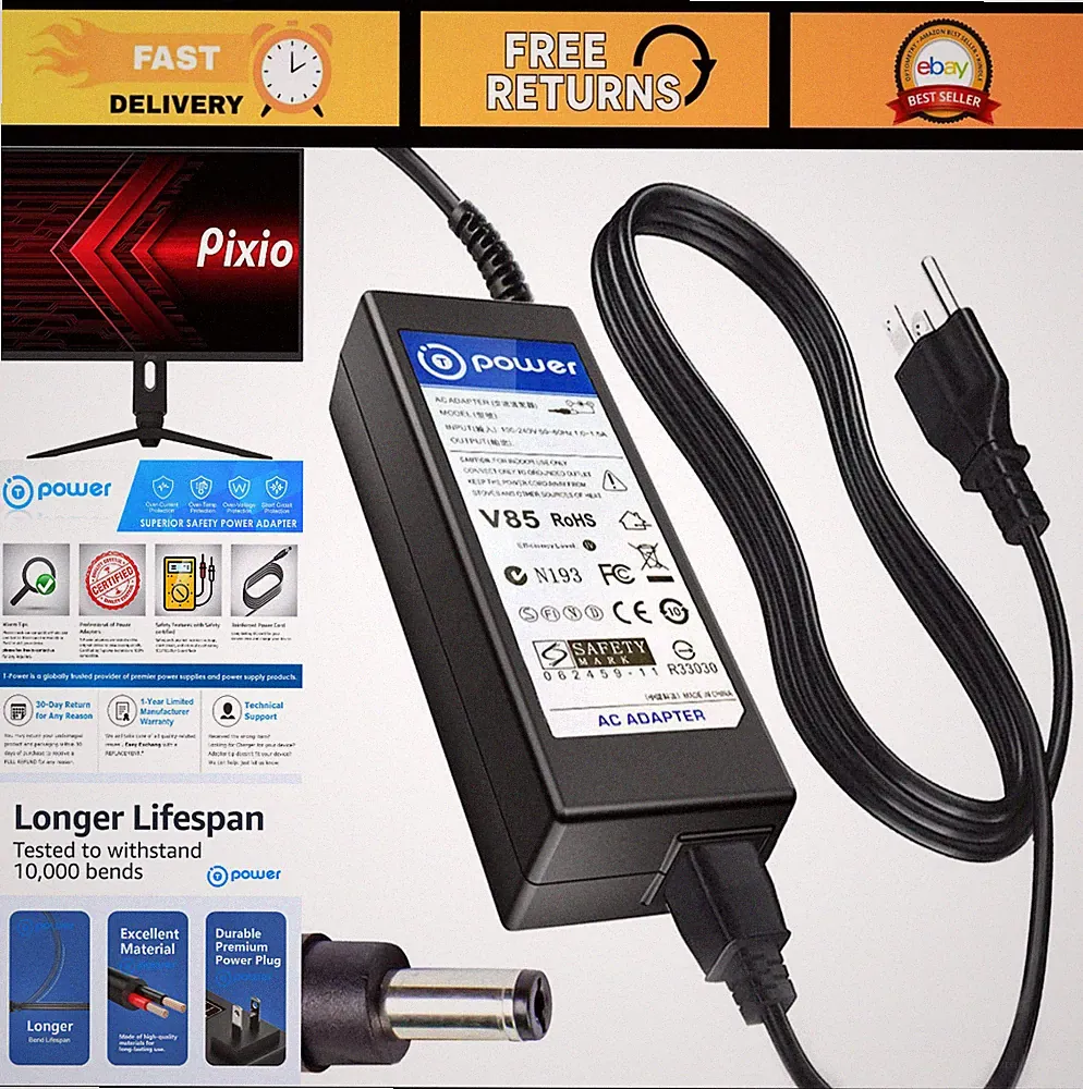 12V AC DC Adapter for Pixio WQHD Curved Gaming Monitors 24" 25" 27" 32" Charger