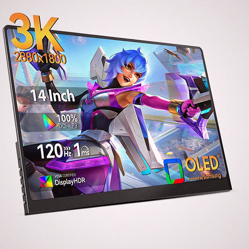 14" 120Hz OLED Portable Monitor 120Hz Ultra-Slim For Mini PC Phone Game Consoles