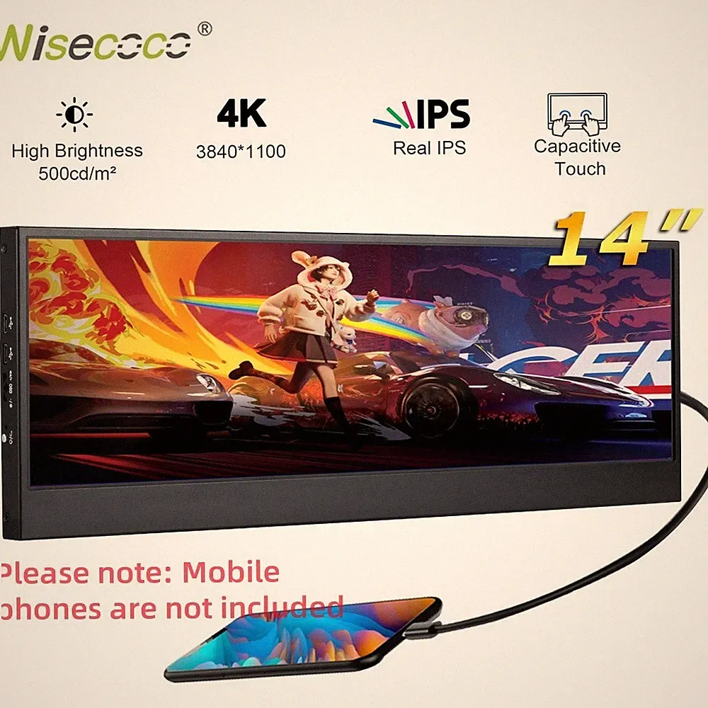 14'' 4k UHD 3840x1100 IPS Touchscreen Portable Monitor Gaming Display HDMI USB C
