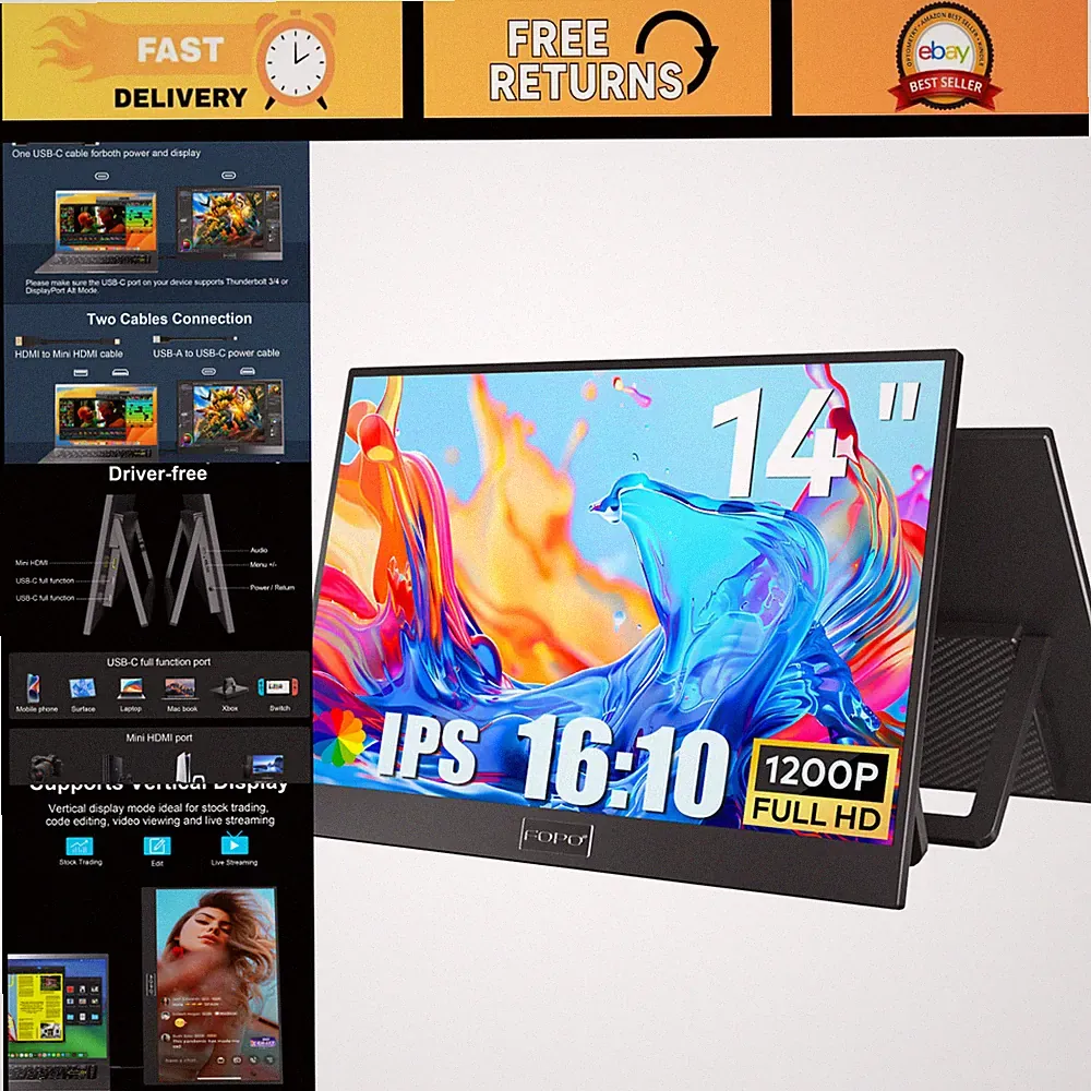 14" Portable FHD Monitor 1200P USB-C HDMI for Laptop, Gaming & Travel Use