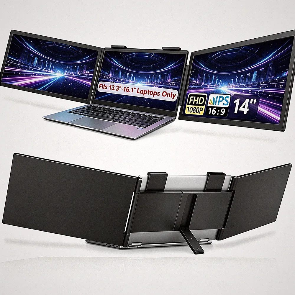 14" Triple Portable Monitor FHD IPS 1080P Screen Extender Fit 13.3"-16" Laptop