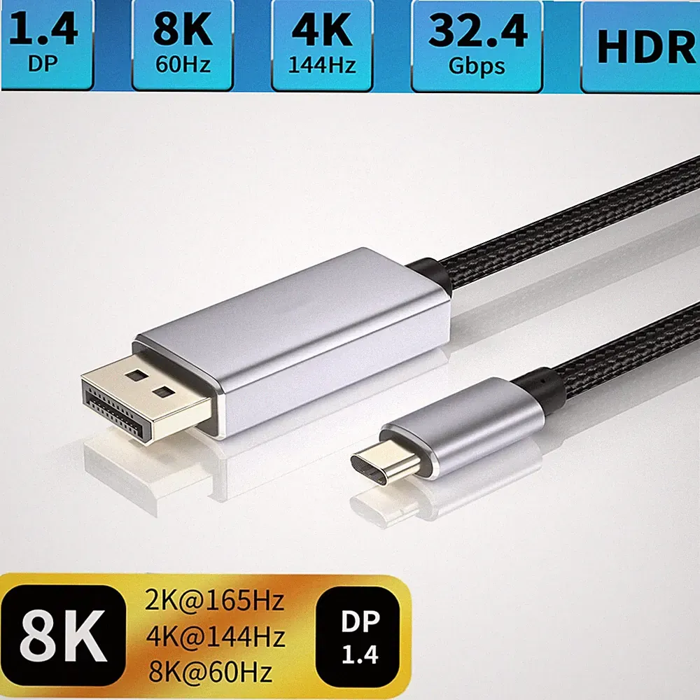 144Hz USB C to Displayport 1.4 Cable 8K 4K Type C to DP Adapter for Macbook Pro