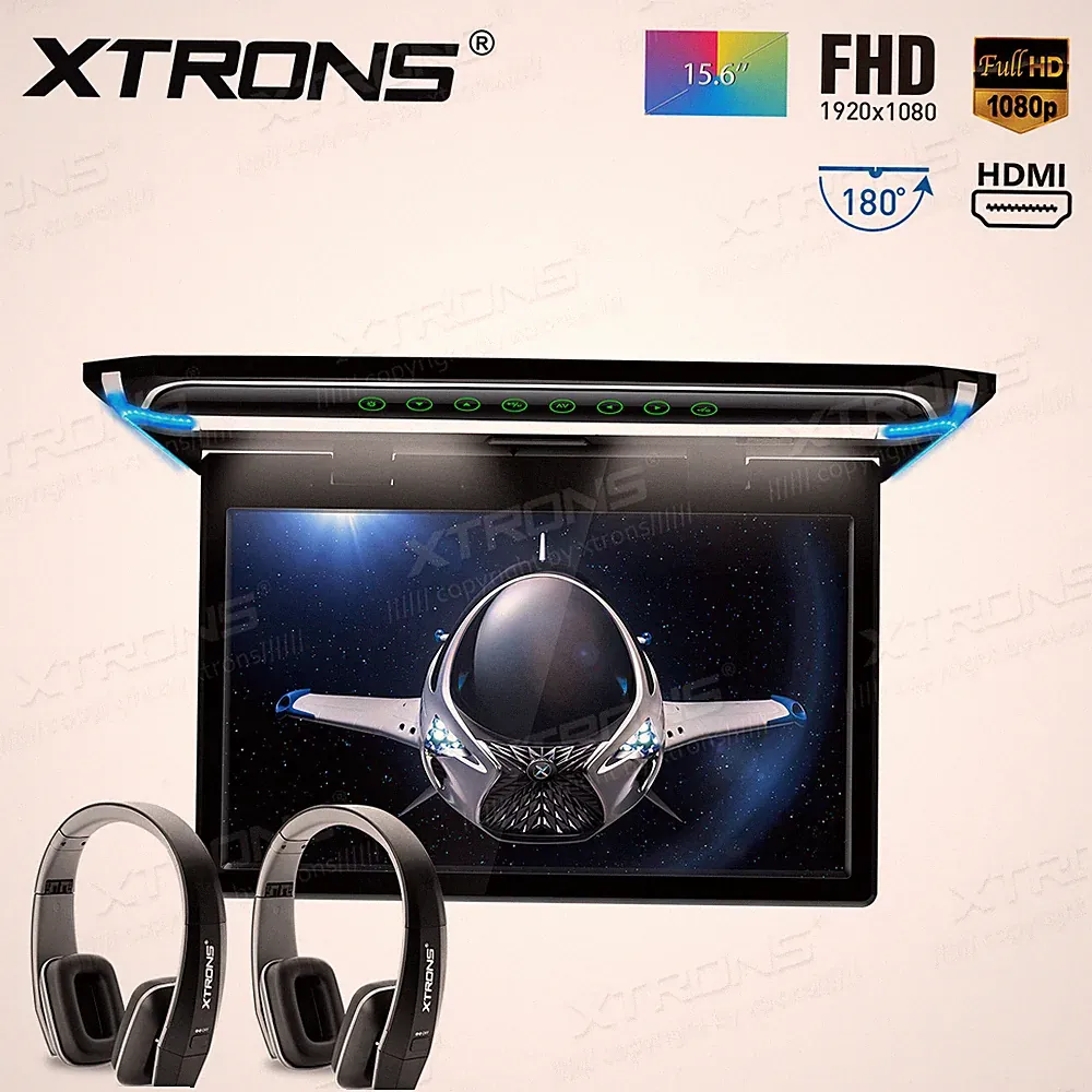 15.6" 1080P Car Roof Mounted Overhead Flip Down Monitor Game HDMI USB IR Headset