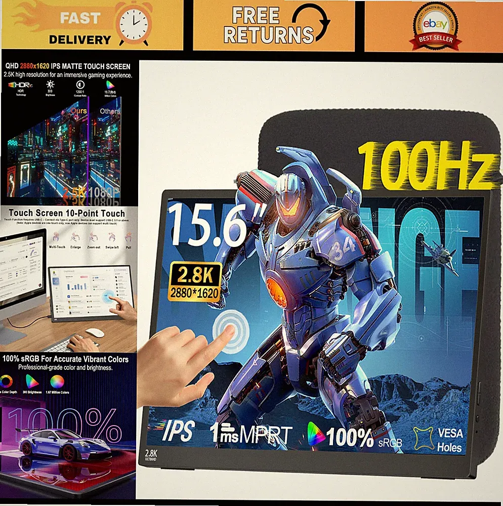15.6" 2.8K Touchscreen Portable Monitor, QHD 2880x1620, 100Hz Gaming Display, US
