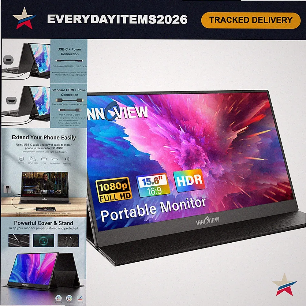15.6" FHD Portable Monitor - HDMI USB-C External Display for Laptop, PS5, Xbox