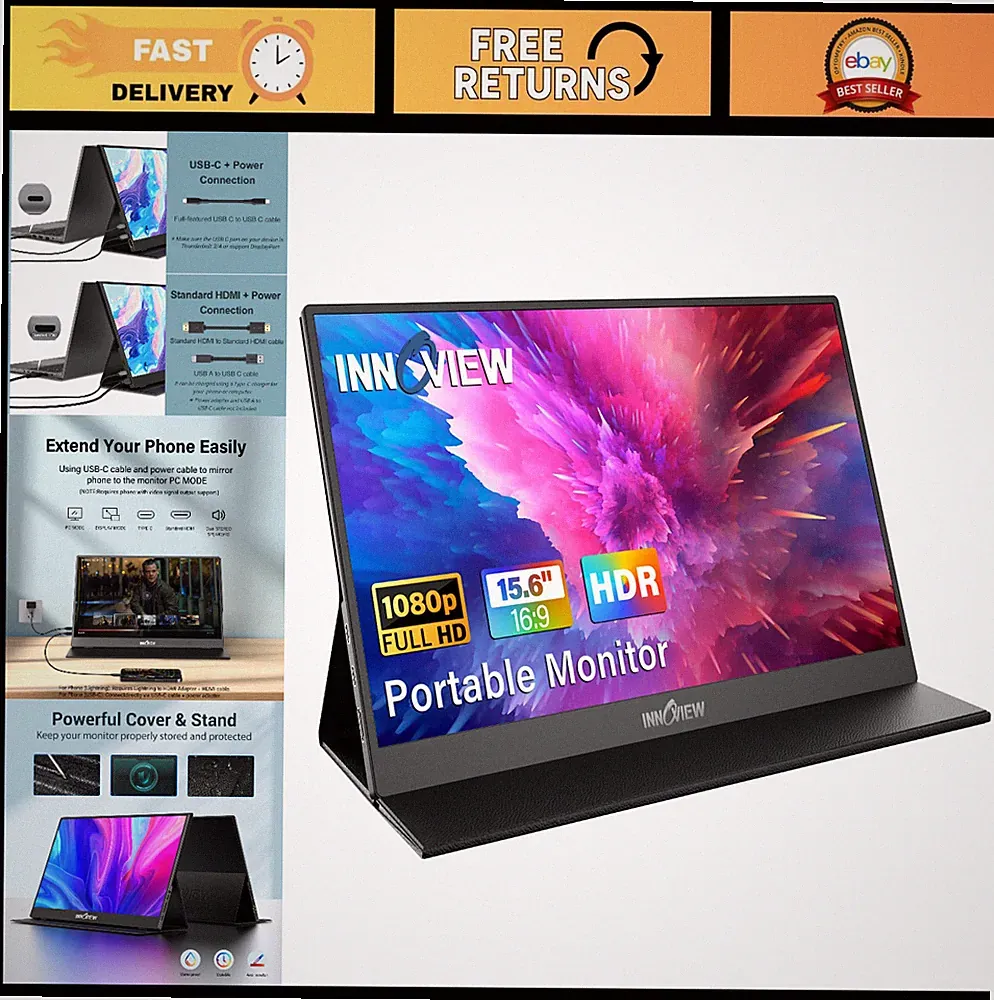 15.6" FHD Portable Monitor - HDMI USB-C External Display for Laptop, PS5, Xbox