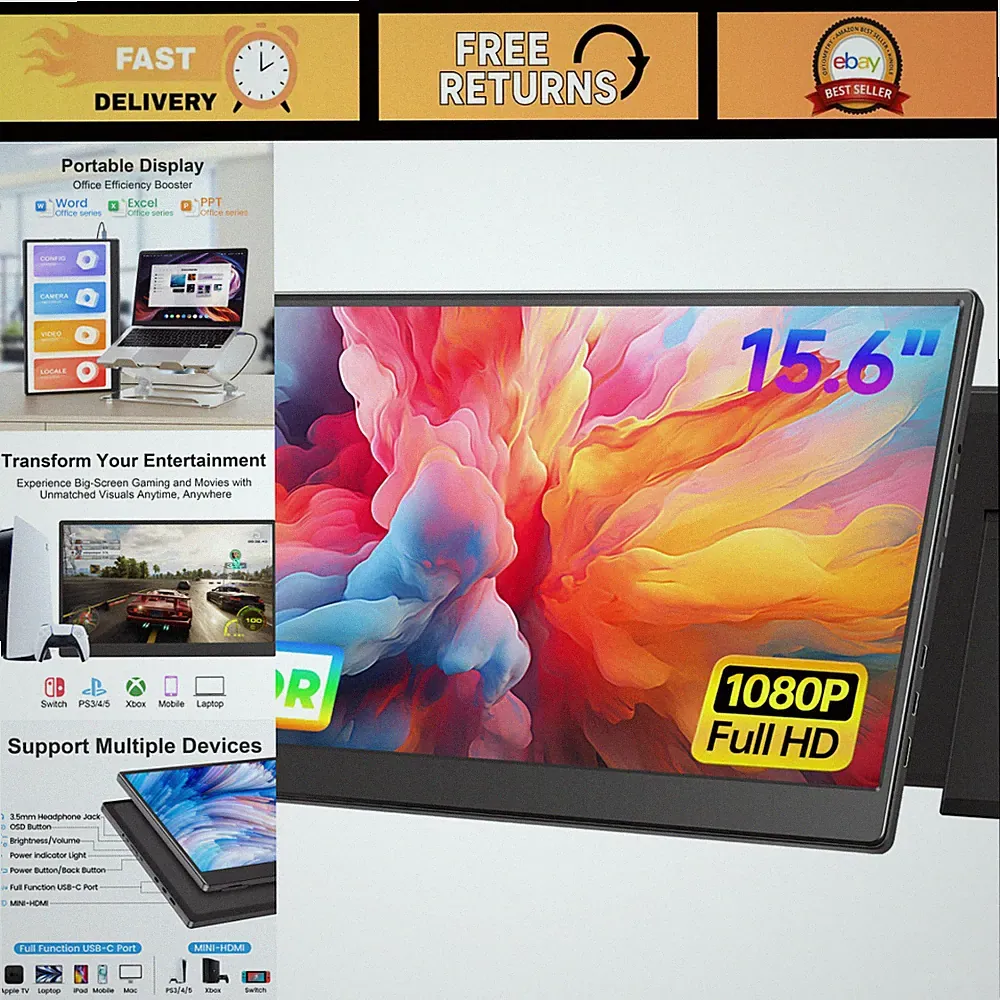 15.6" FHD Portable Monitor - Ultra-Slim HDR IPS Gaming Display, USB-C HDMI, Kick