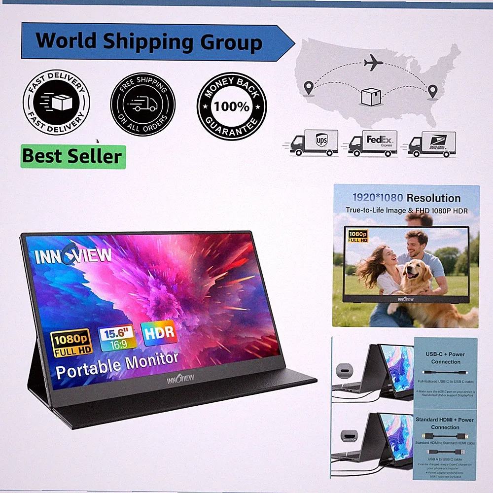 15.6" FHD Portable Monitor - USB C & HDMI, Eye Protection, Built-in Speaker