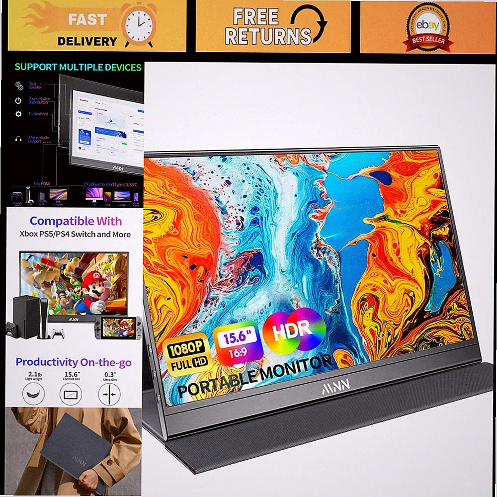 15.6" FHD Portable Monitor - USB-C HDMI IPS HDR for Gaming & Laptops