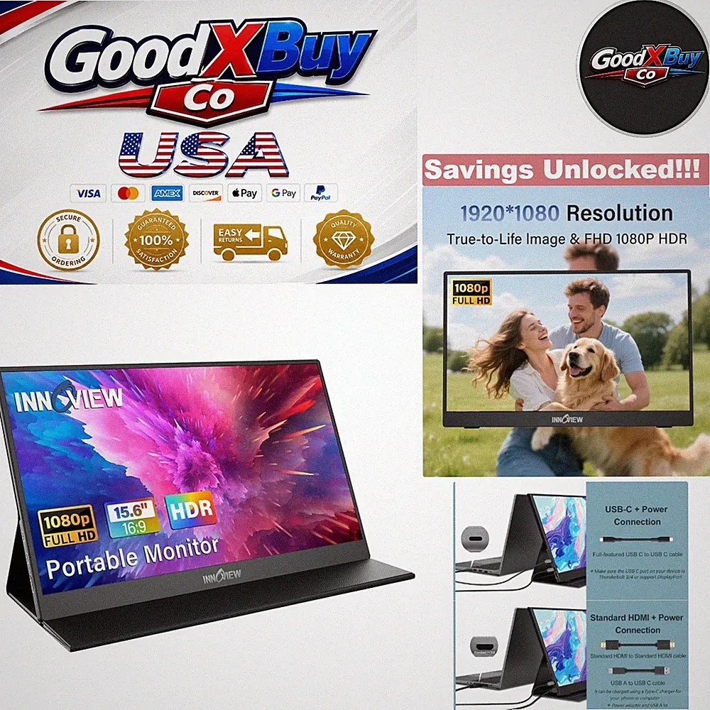 15.6 Inch FHD Portable Monitor with HDMI USB-C for Laptop, MacBook, PS5, Xbox...