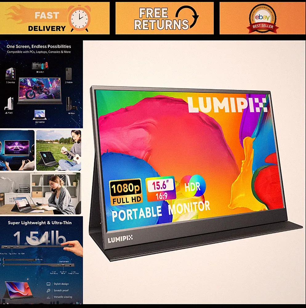 15.6" Portable 1080P FHD IPS Gaming Monitor - USB-C & HDMI, Ultra-Slim, Smart Co