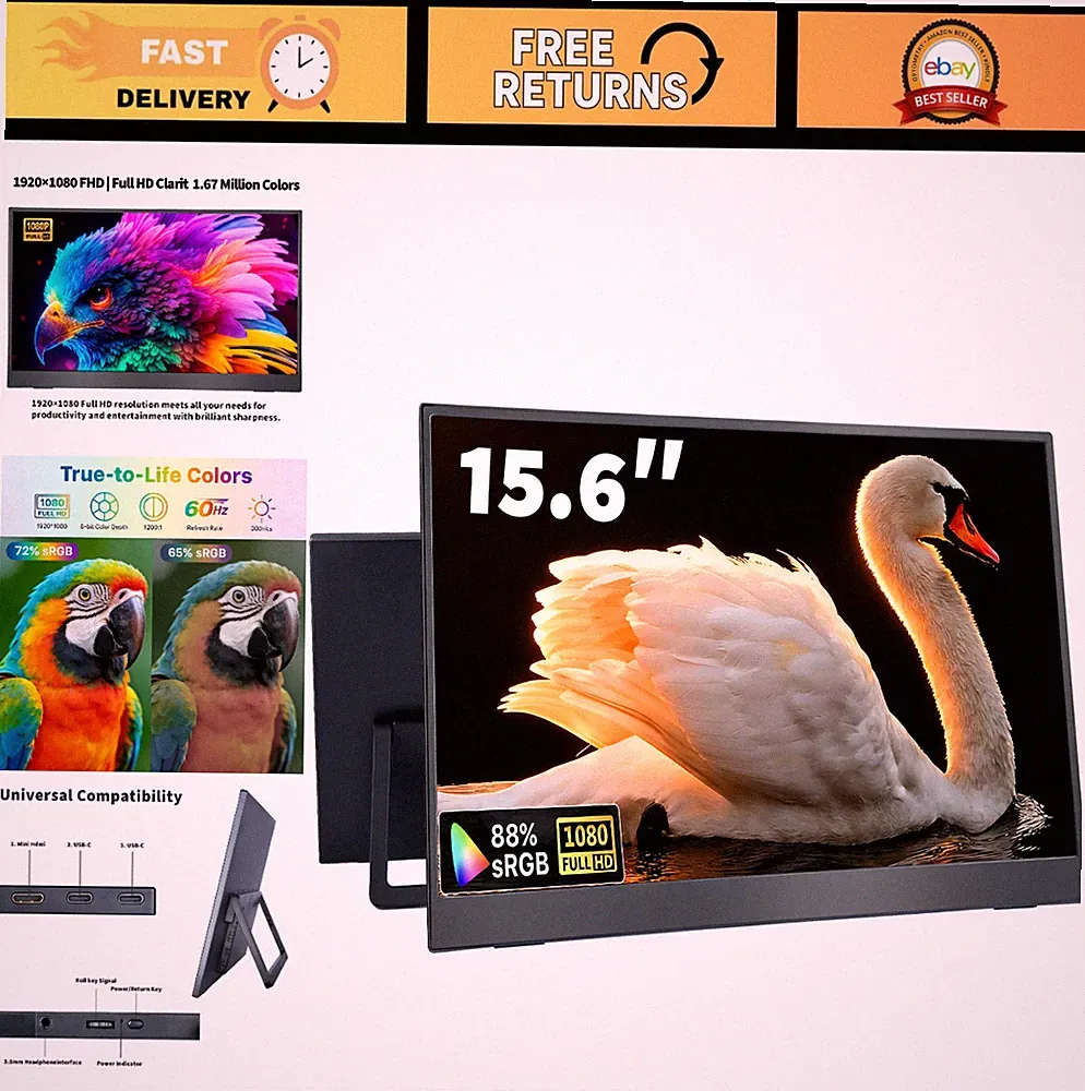 15.6" Portable 1080P FHD Monitor, IPS Screen, HDMI USB-C, Travel Second Display