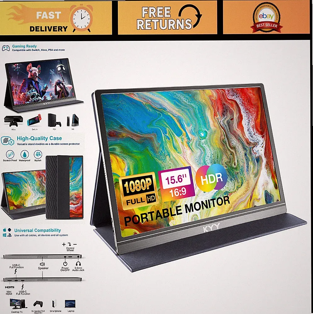 15.6" Portable 1080P FHD Monitor, USB-C & HDMI, HDR IPS Gaming Display, Speakers