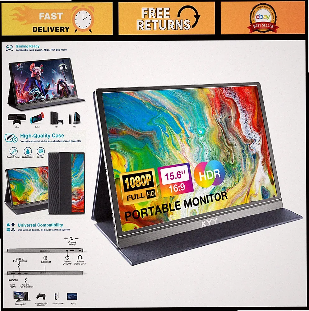 15.6" Portable 1080P FHD Monitor - USB-C, HDMI, HDR IPS Gaming Display, Speakers