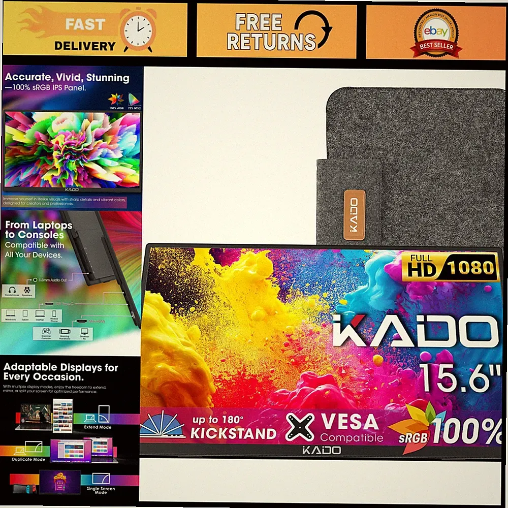 15.6" Portable Monitor 1080p Ultra-Slim Gaming Display, 100% sRGB, Travel Friend