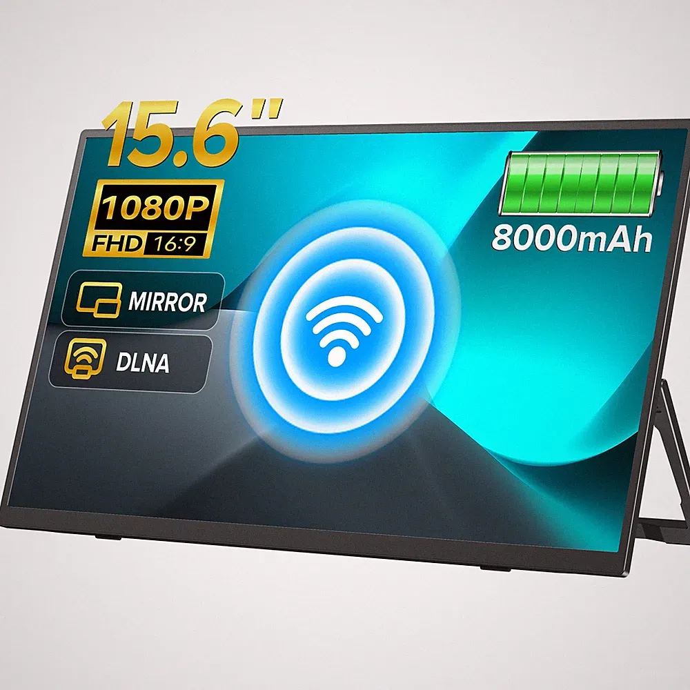 15.6" Wireless Portable Monitor 1080P Ultra Slim Battery Travel Monitor w/Stand