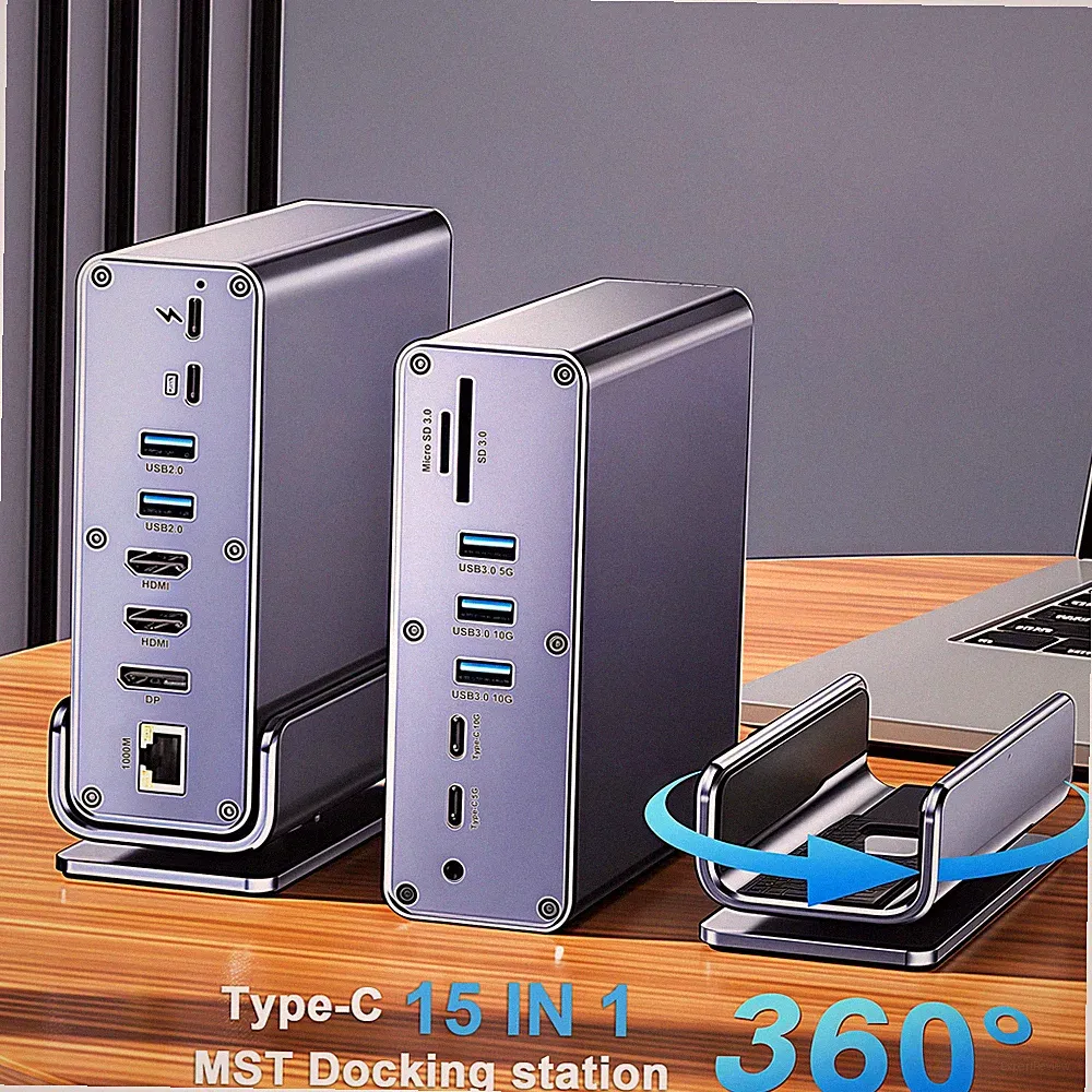 15 in 1 Docking Station 2 Monitors with 2 HDMI SD/TF RJ45,USB3.2 10Gbps 100W PD