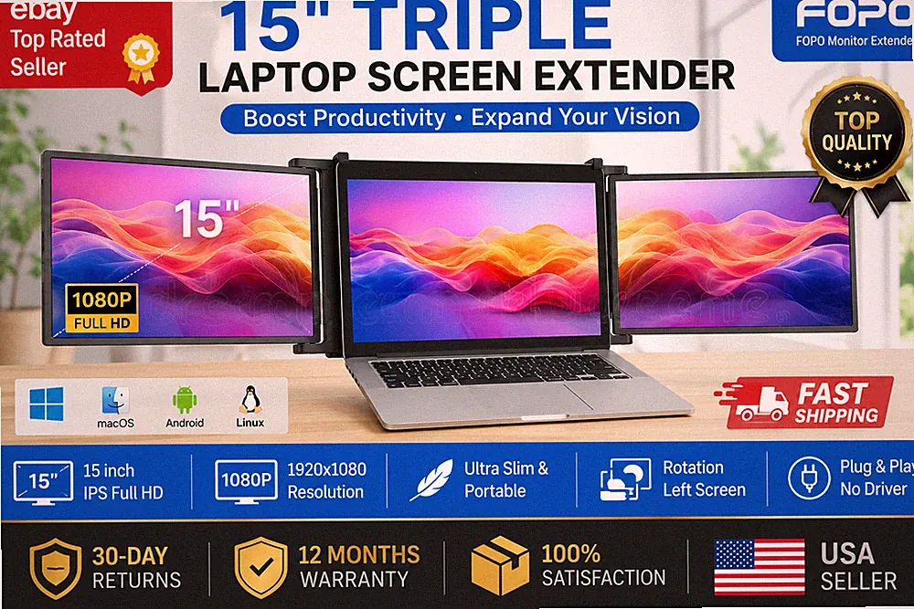 15" Triple Portable Monitor for Laptop FHD 1080P USB-C HDMI Screen Extender
