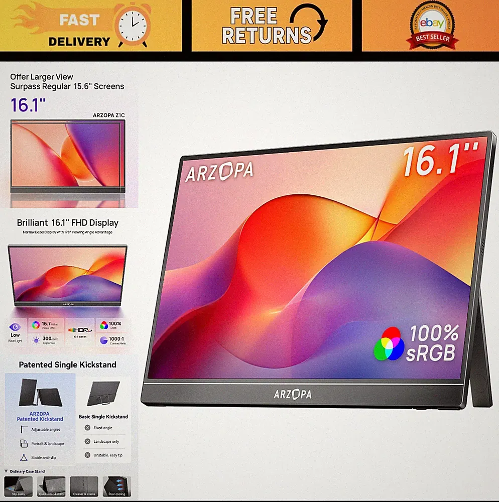 16.1" Portable FHD 1080P Monitor - IPS Eye Care, 100% sRGB, Kickstand for Laptop