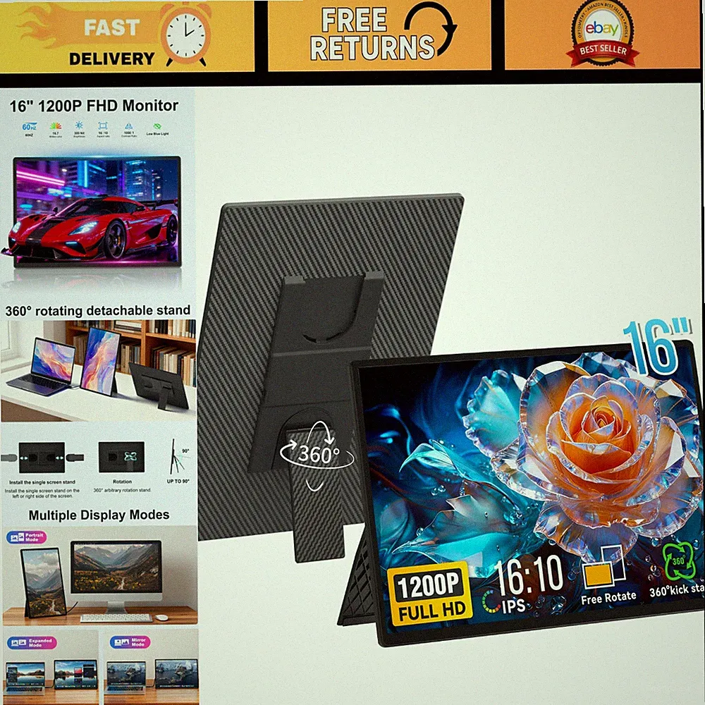 16" 1200P Portable Monitor - Horizontal & Vertical Display, Detachable Kickstand