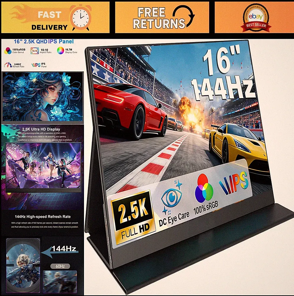 16" 2.5K 144Hz Portable Gaming Monitor - HDR, 100% sRGB, Ultra-clear IPS, Built