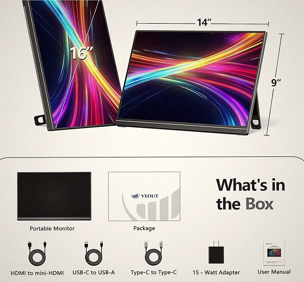 16" 2.5K Portable Gaming Monitor 144Hz 1ms IPS FreeSync Veout V1 Pro USB-C HDMI