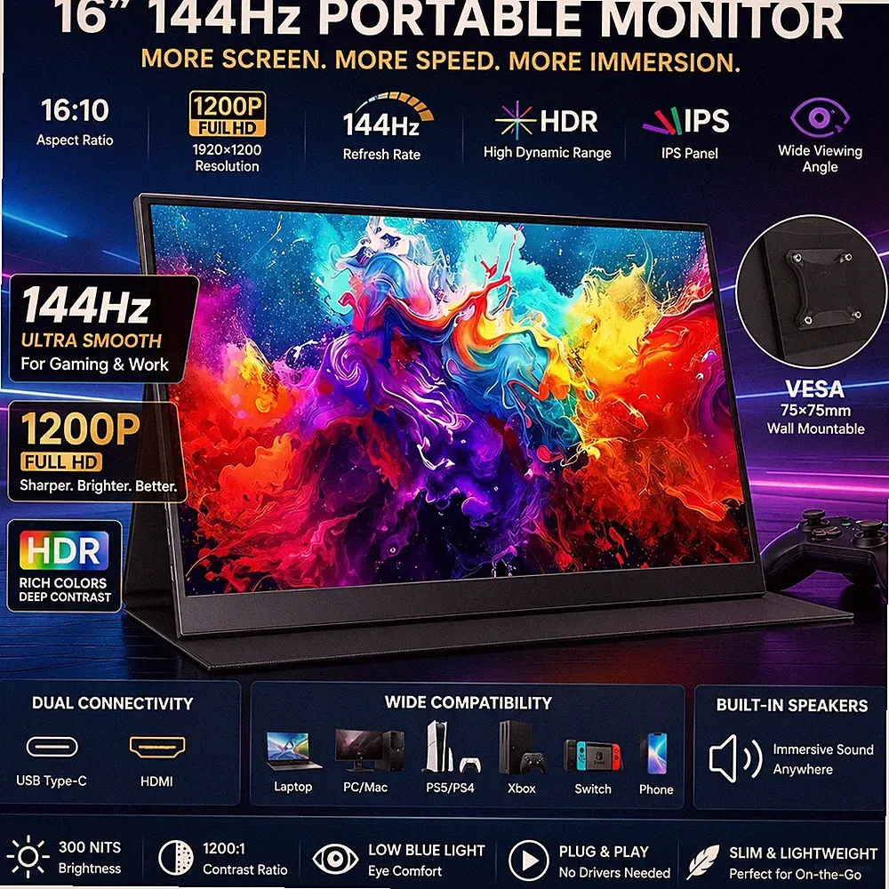 16” Portable Monitor 144Hz 1200P IPS USB-C HDMI HDR Gaming Display