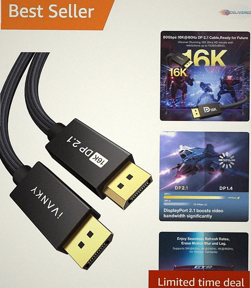 16K DisplayPort Cable 10ft 2.1 High Speed HDR VRR Gaming Monitor TV