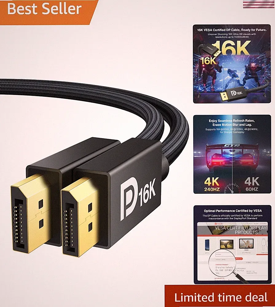 16K DisplayPort Cable 6.6ft (2-Pack) | Perfect for Gaming & High Res Displays