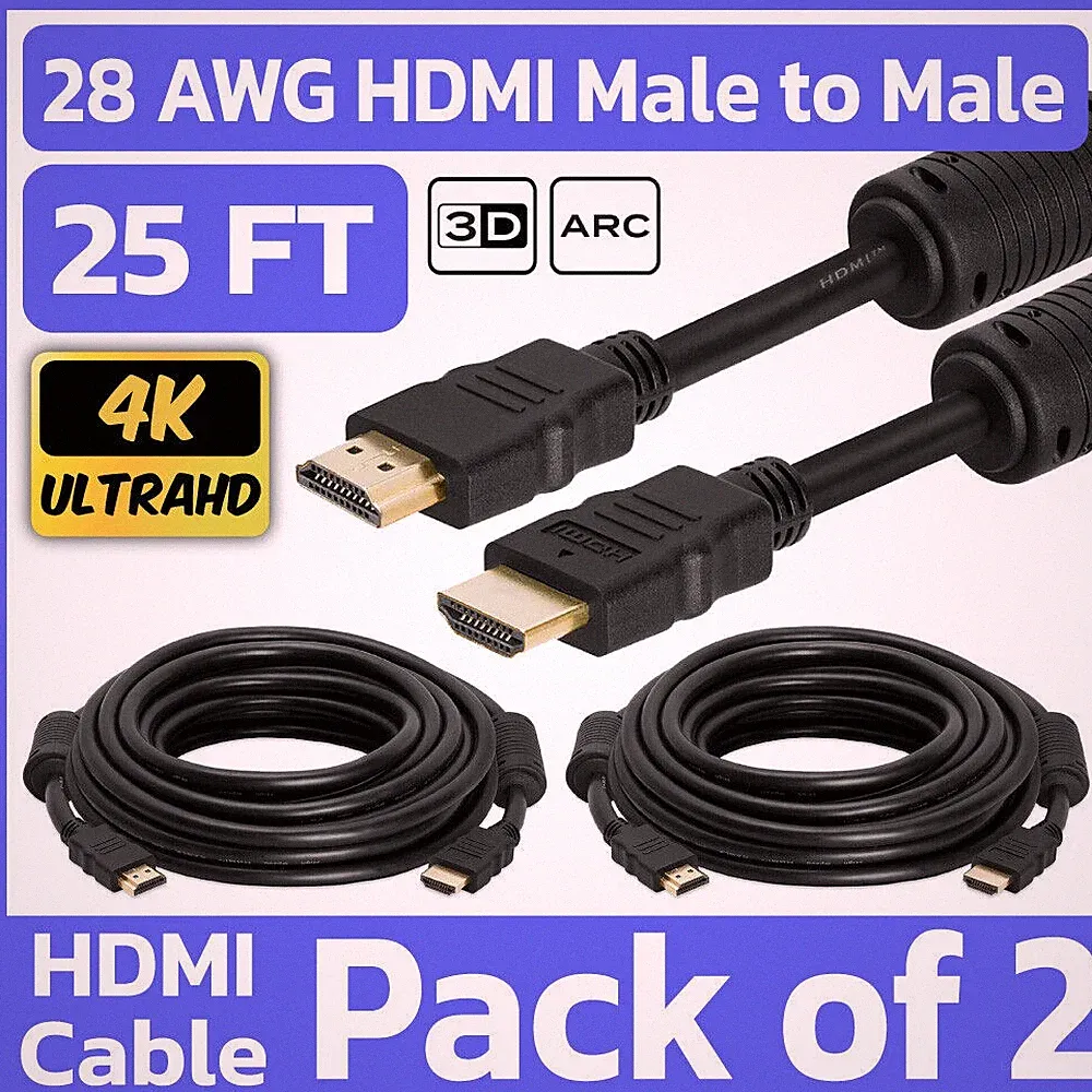 2 Pack 25 FT HDMI Cord w/ Ferrite Cores HDMI M to M Cord TV Monitor PC Nintendo