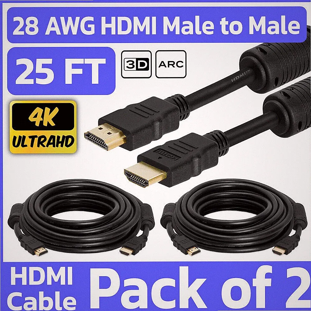 2 Pack 25 FT HDMI Cord w/ Ferrite Cores HDMI M to M Cord TV Monitor PC Nintendo