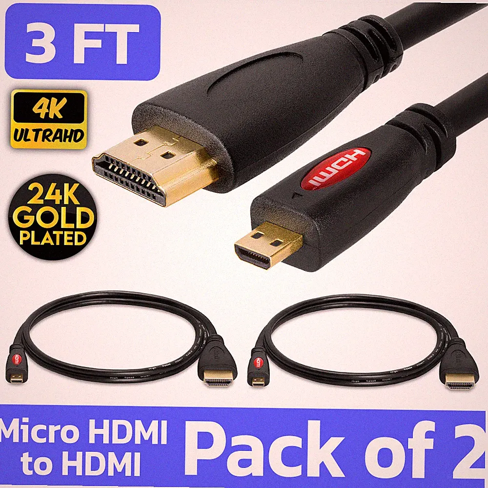 2 Pack Micro HDMI to HDMI Cable 3 FT Raspberry Pi 4K TV Camera Sony Nikon Lenovo