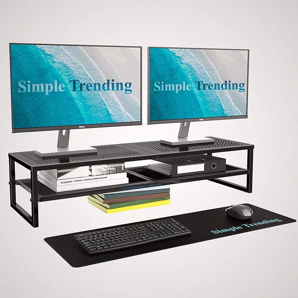 2 Tier Metal Dual Monitor Stand Riser with 32"x10" Mouse Pad, Computer Desk O...