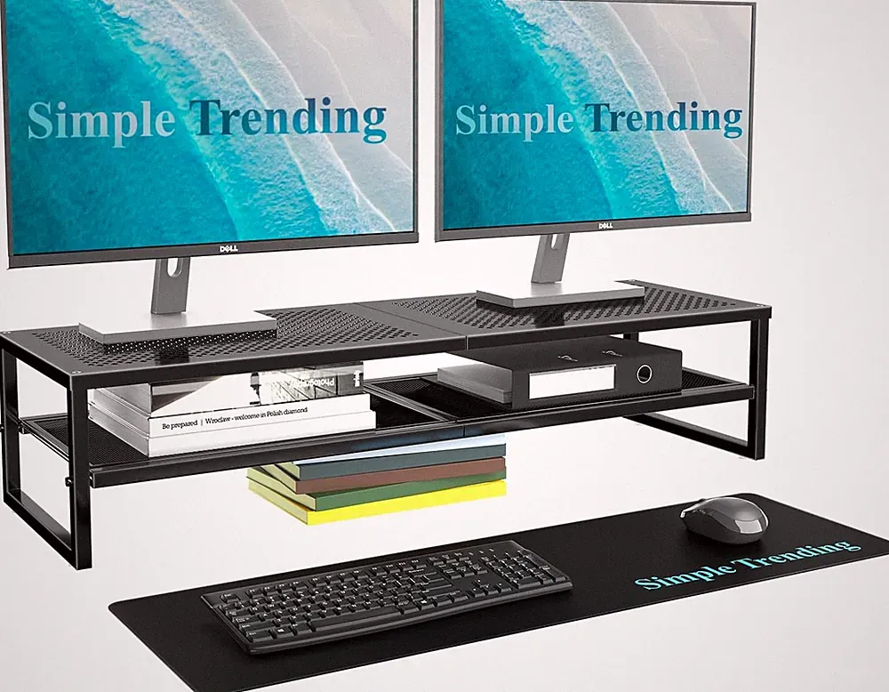 2 Tier Metal Dual Monitor Stand Riser with 32"X10" Mouse Pad, Computer Desk Orga