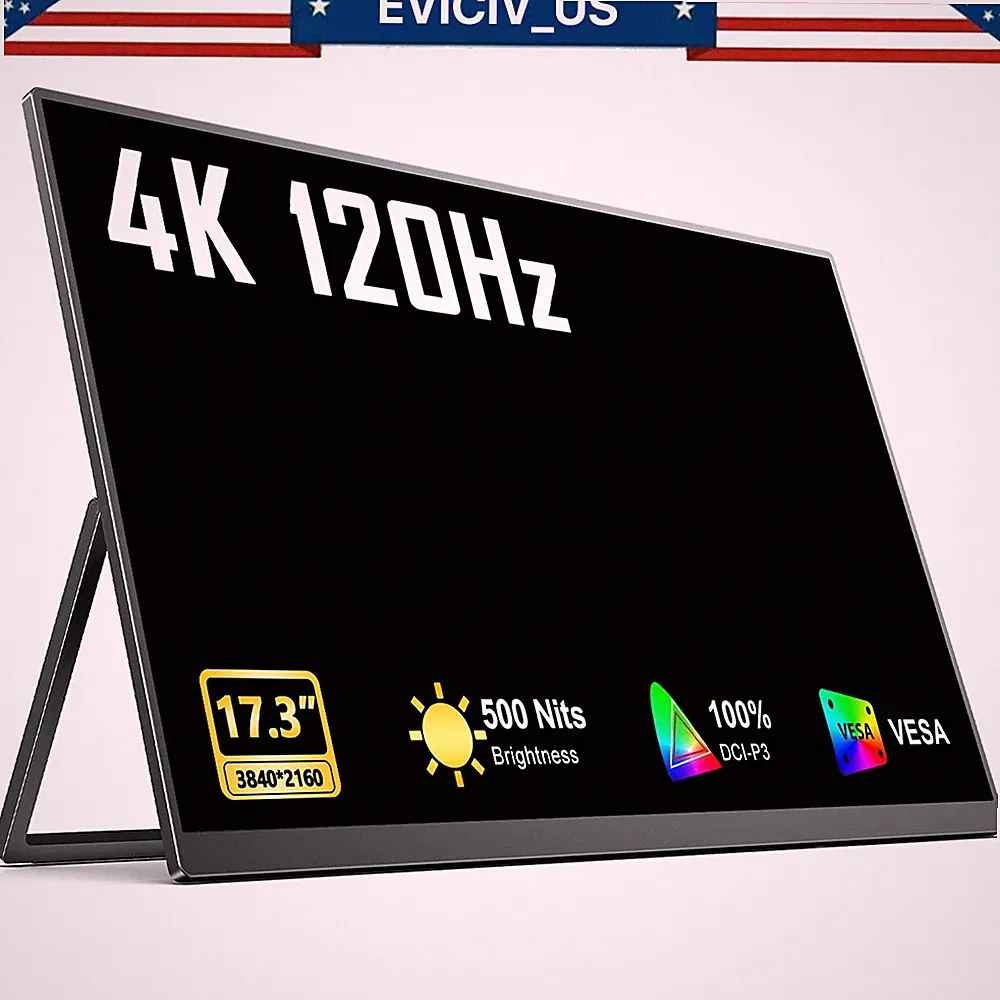 2025 17.3'' 4K Portable Monitor 120Hz UHD Dual USB C HDMI Screen Speakers Game B