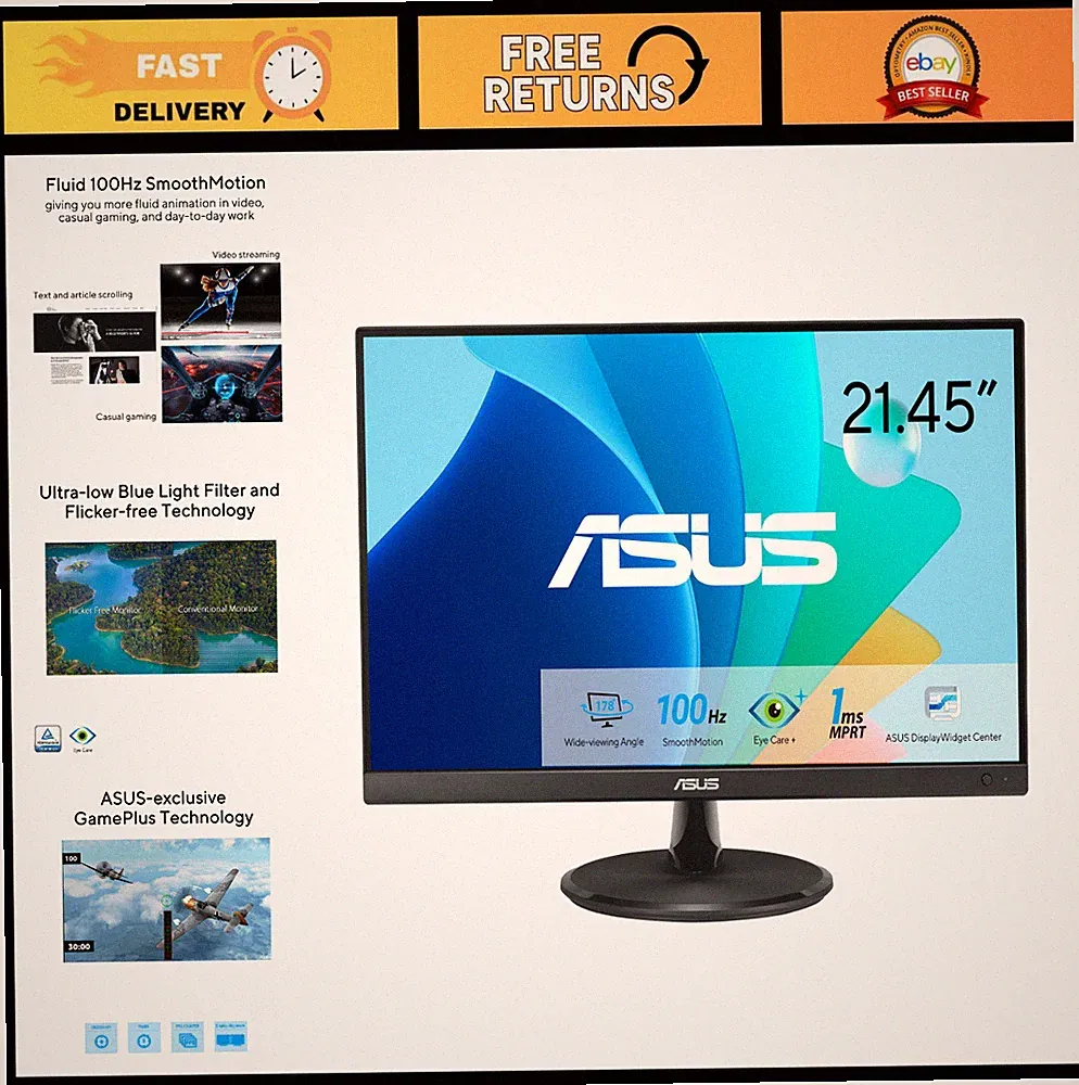 22" 1080P FHD Computer Monitor, 100Hz Refresh Rate, HDMI & VGA Ports, Gaming Dis