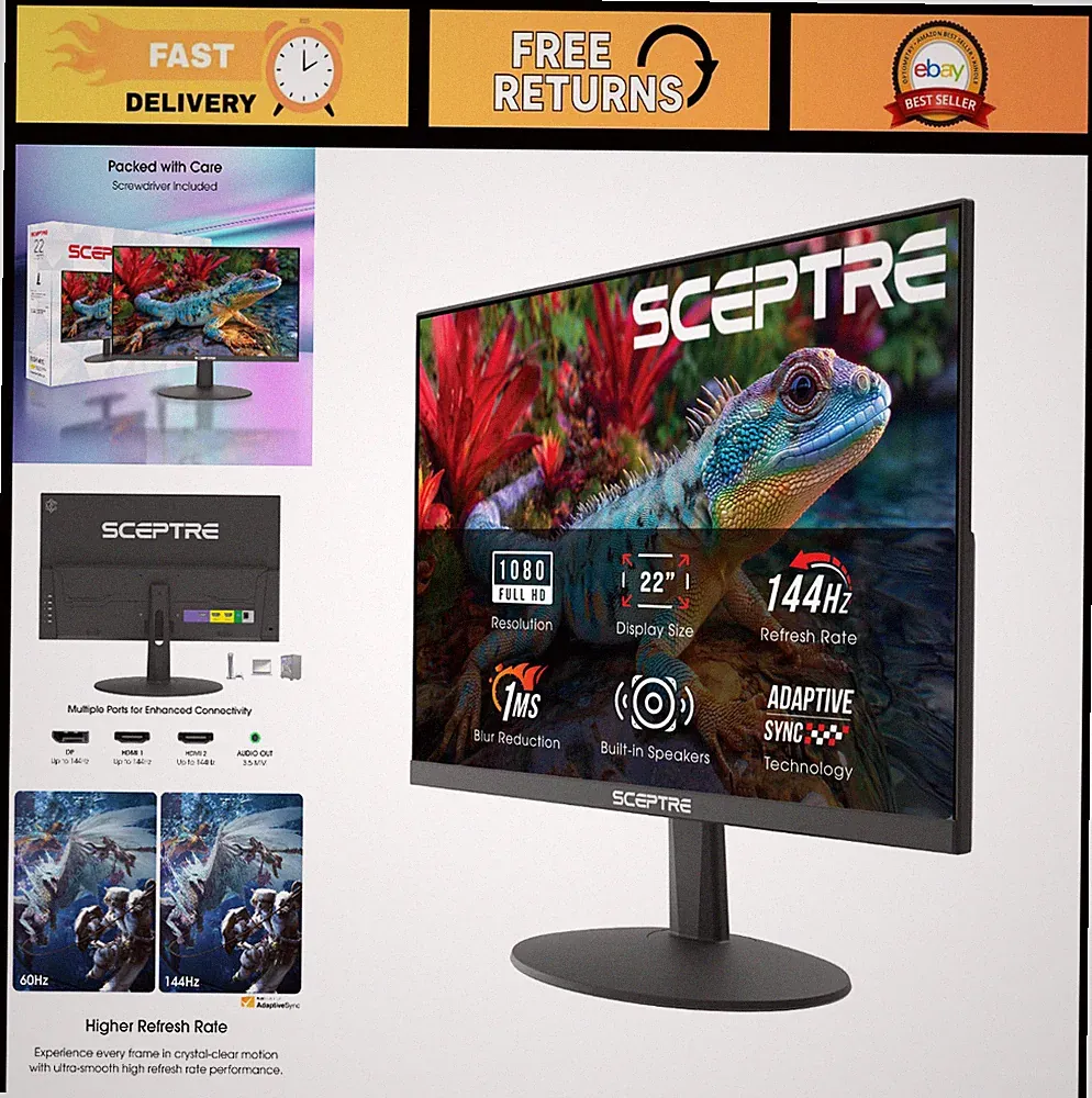 22" FHD 1080p Gaming Monitor, 144Hz, HDMI, DisplayPort, Built-in Speakers, Black
