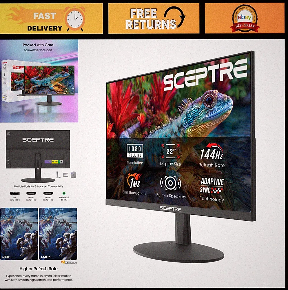 22" FHD 1080p Gaming Monitor, 144Hz Refresh Rate, HDMI, DisplayPort, Speakers