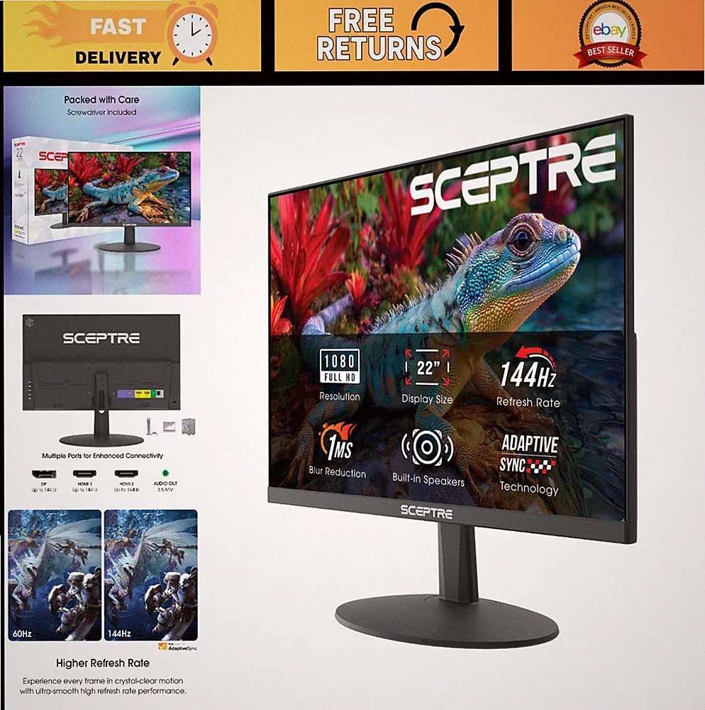 22" FHD 1080p Gaming Monitor, 144Hz Refresh Rate, HDMI, DisplayPort, Speakers