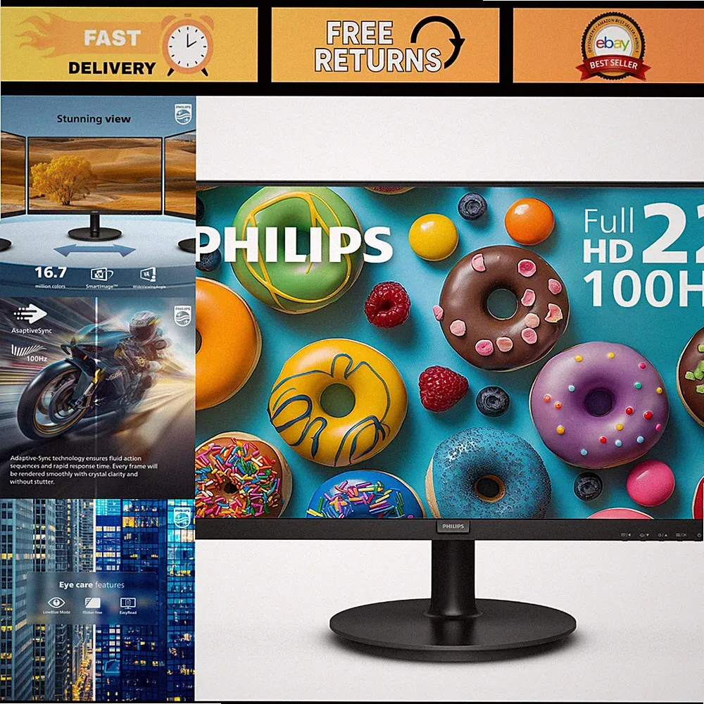 22" FHD Computer Monitor 100Hz VA Display, VESA Mount, Flicker-Free, HDMI/DP