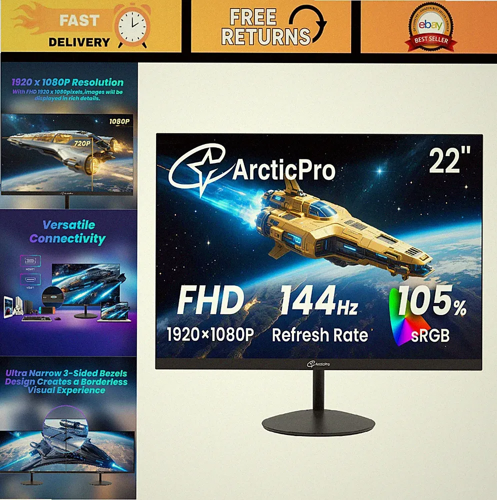 22" FHD Gaming Monitor 144Hz, 105% sRGB, High Refresh Rate, Computer Display