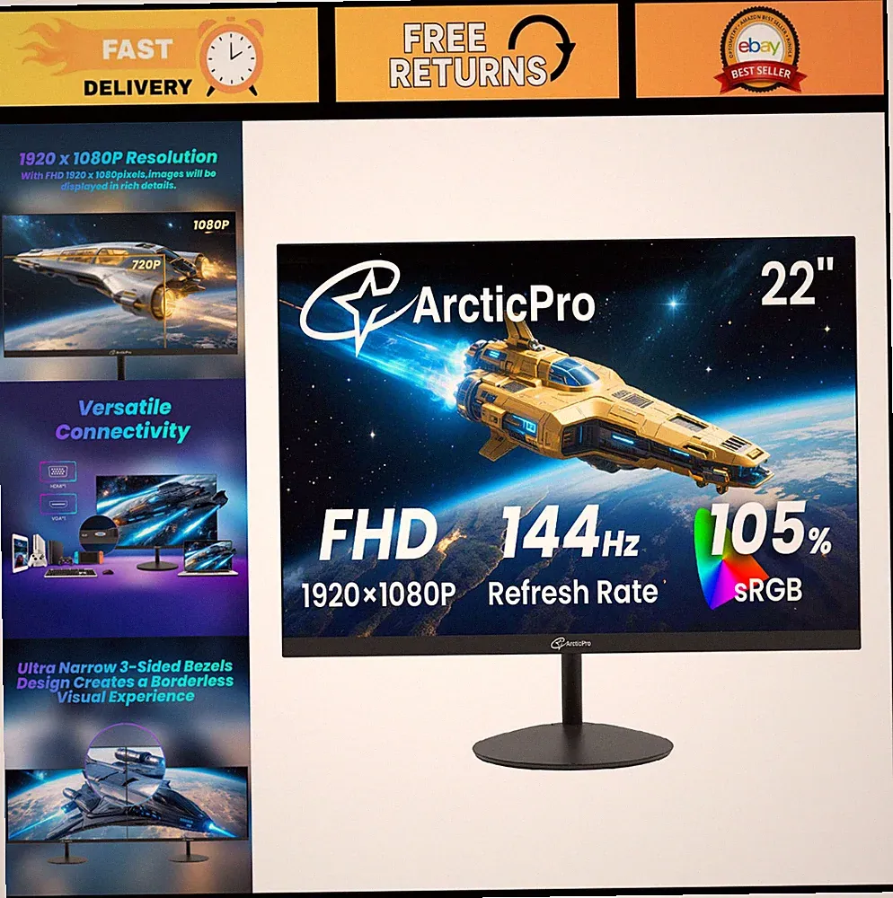22" FHD Gaming Monitor 144Hz, 1080p, 4000:1 Contrast, Ultra Slim, VESA Mount, Ey