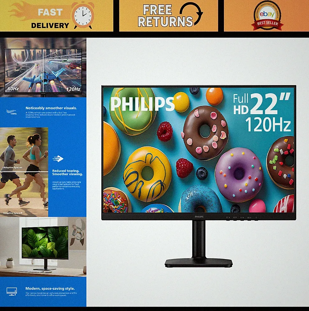 22" Full HD IPS Computer Monitor, 120Hz, 1ms MPRT, Adaptive-Sync, HDMI/VGA