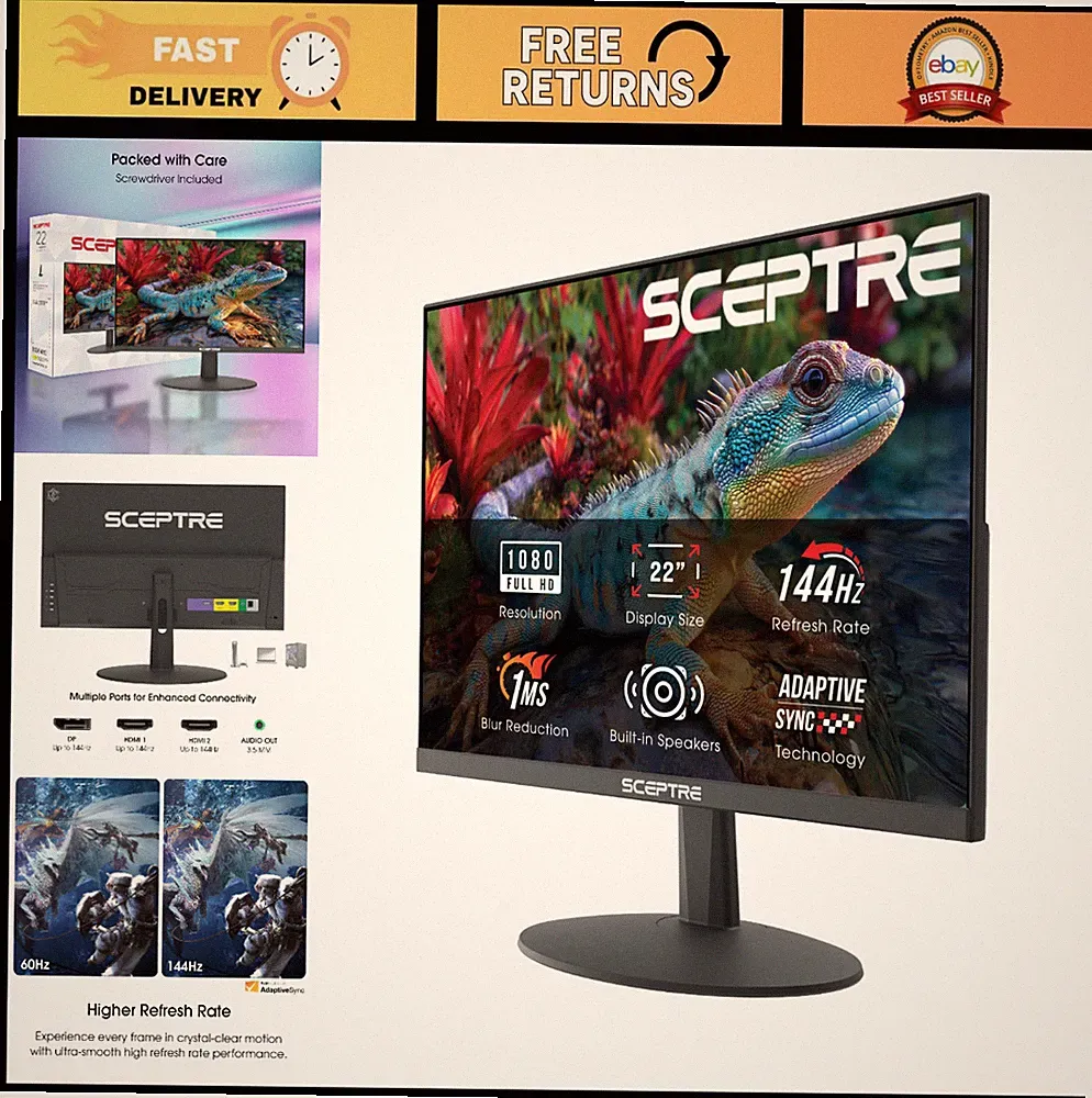 22-Inch FHD 1080p Gaming Monitor, 144Hz, HDMI, DisplayPort, Built-in Speakers
