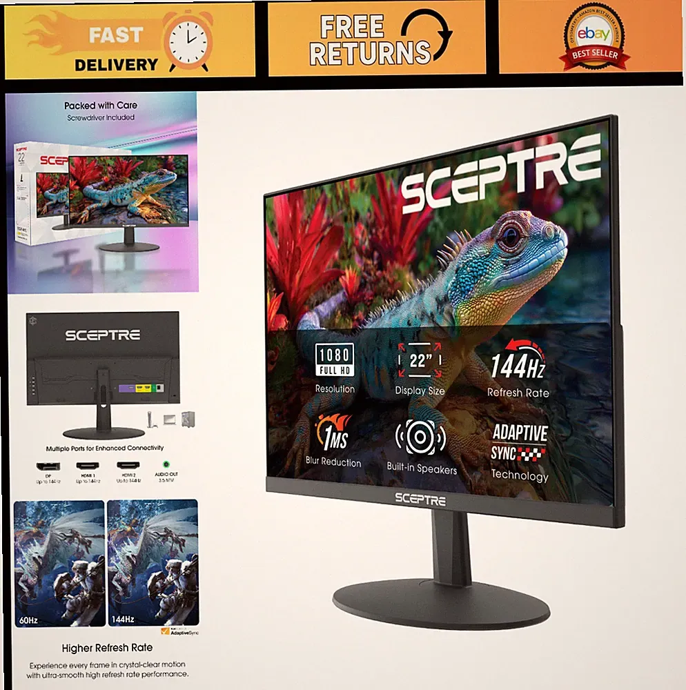 22-Inch FHD 1080p Gaming Monitor, 144Hz Refresh Rate, HDMI, DisplayPort, Speaker