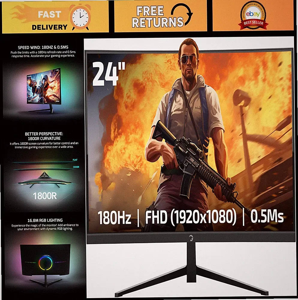 23.6" Curved Gaming Monitor, 180Hz 1080p, 0.5ms, FreeSync, HDR, RGB Backlight, H
