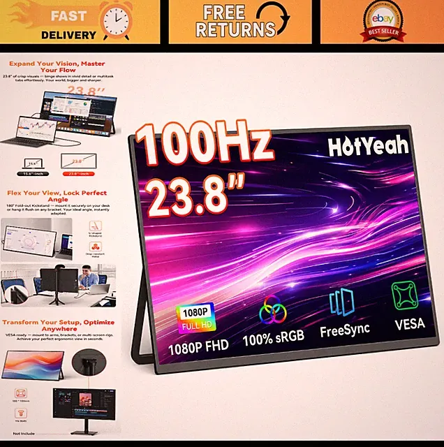 23.8" 100Hz Portable Monitor, 1080P FHD IPS USB-C HDMI, Adjustable Kickstand, Ga