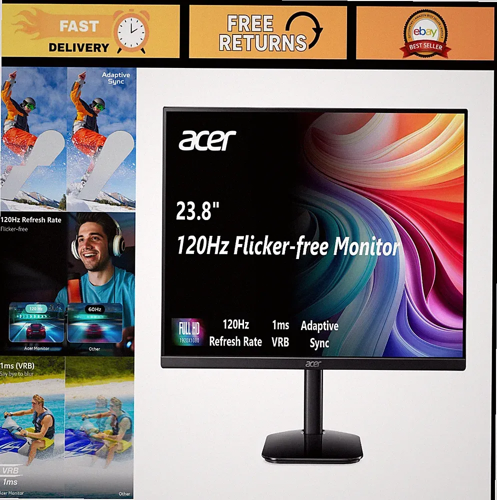 23.8" FHD 1920x1080 IPS Monitor, 120Hz Refresh Rate, Office & Gaming Display